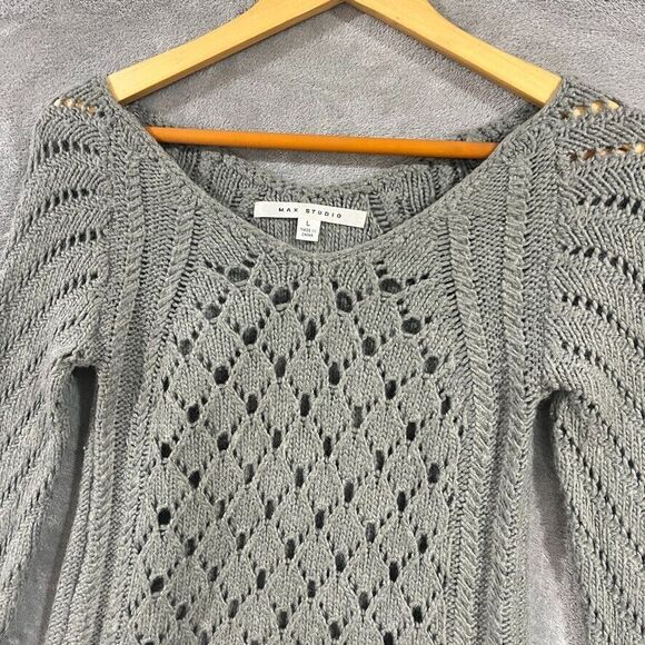 Max Studio Womens Open Knit Sweater Sz Large Grey V-neck Long Sleeve Wool Blend - Picture 11 of 11
